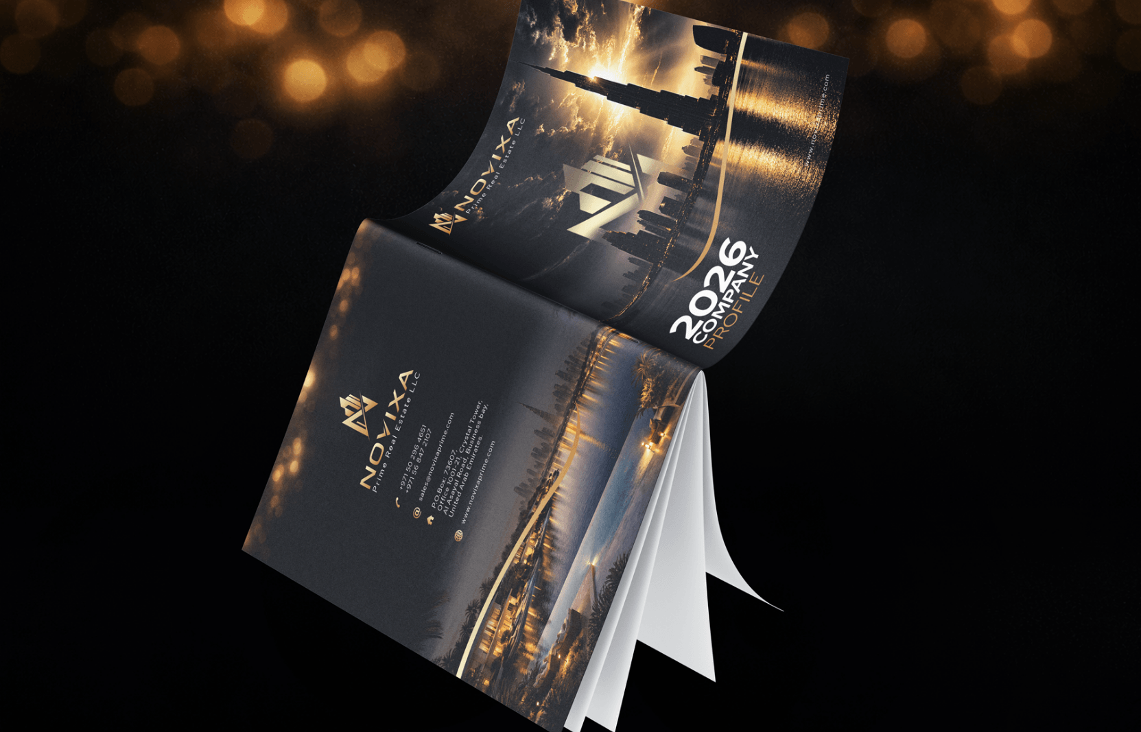 Company profile layout pages designed for Novixa Prime Real Estate LLC by entasiz